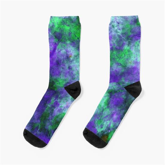A pair of socks featuring a dyeblot pattern that resembles the stone azurite.