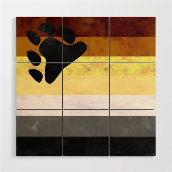 A nine section wood block wall art featuring the Bear Pride Flag.