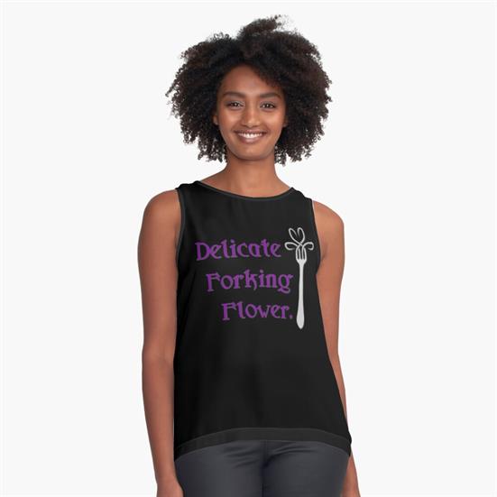 A graphic print tank top featuring a design that says Delicate Forking Flower and a fork.