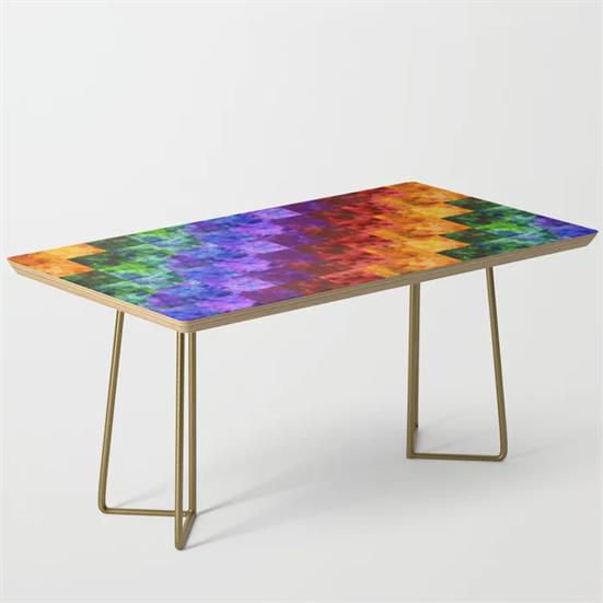 A modern coffee table design featuring the rainbow spectrum quilted design.