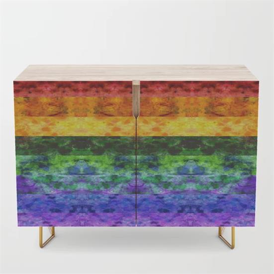 A wooden credenza featuring the Rainbow Striped quilt design on the front doors.