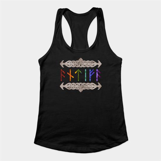 A black racerback tank top with stone colored knot work above and below a set of runes in rainbow that read ANTIFA.