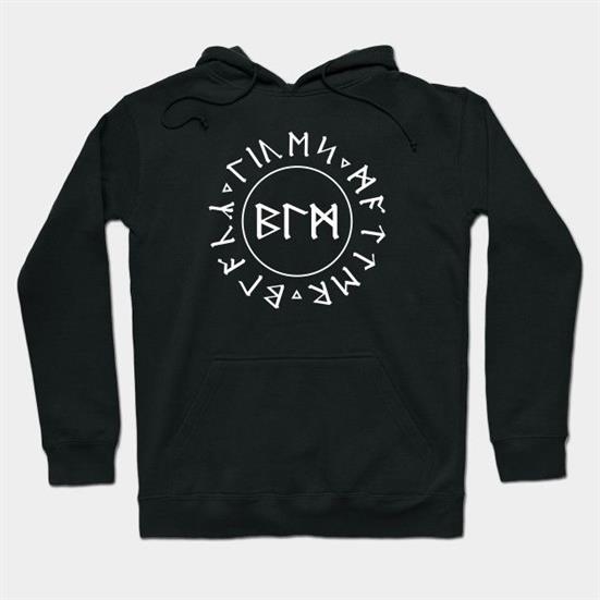 A black hoodie with white runes. The outer circle of runes reads Black Lives Matter, and the center of the circle has the runes for BLM.
