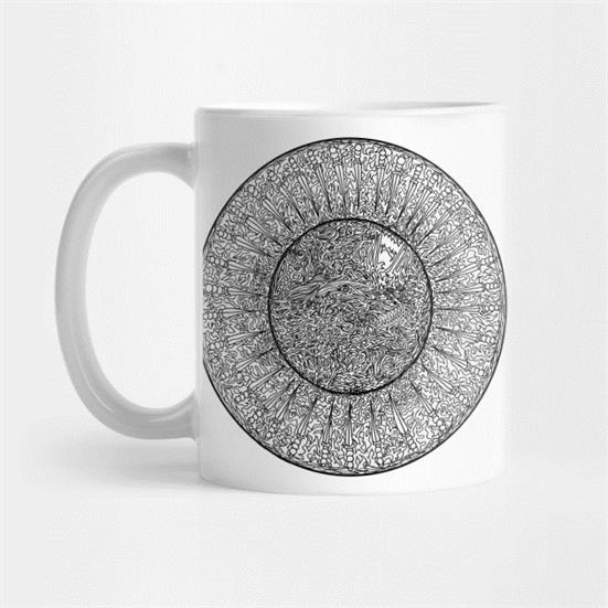 A white coffee mug with an ink drawing of many lines forming an iris and pupil.