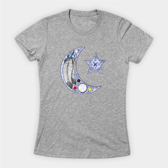 A heather gray t-shirt with in drawing art of a waning crescent moon, with feathers inside, and a star,