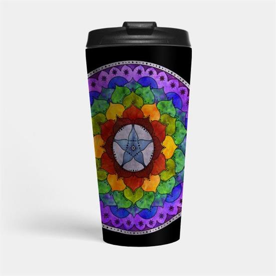 A black travel mug with a rainbow colored mandala with a 5 pointed star in the center of lotus petals.