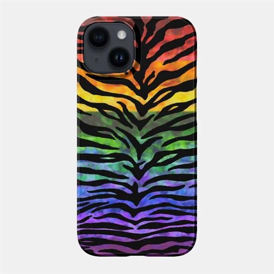 A phone case with a mottled rainbow background and black tiger stripes.